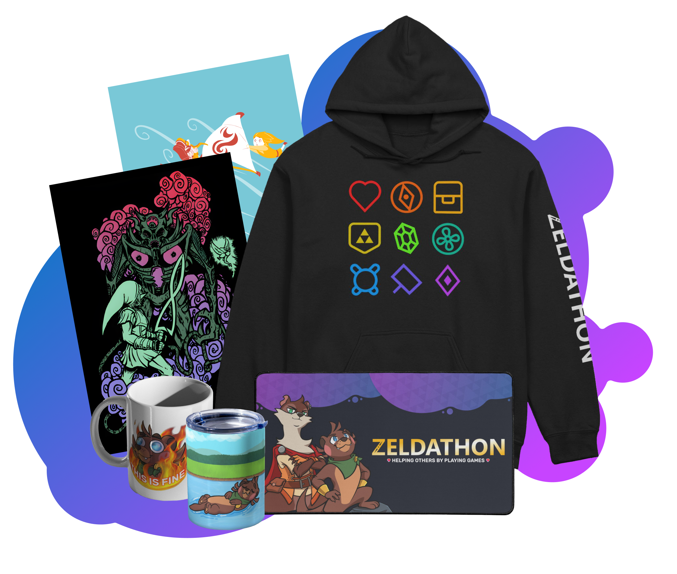 Merch offerings, hoodies, mousepads, mugs, and posters